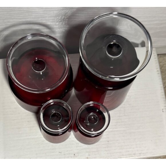 Vintage Ruby Red Pedestal Glassware Set Of 4 - Goblet Sherbet Dish 2 ShotGlasses - Picture 9 of 11
